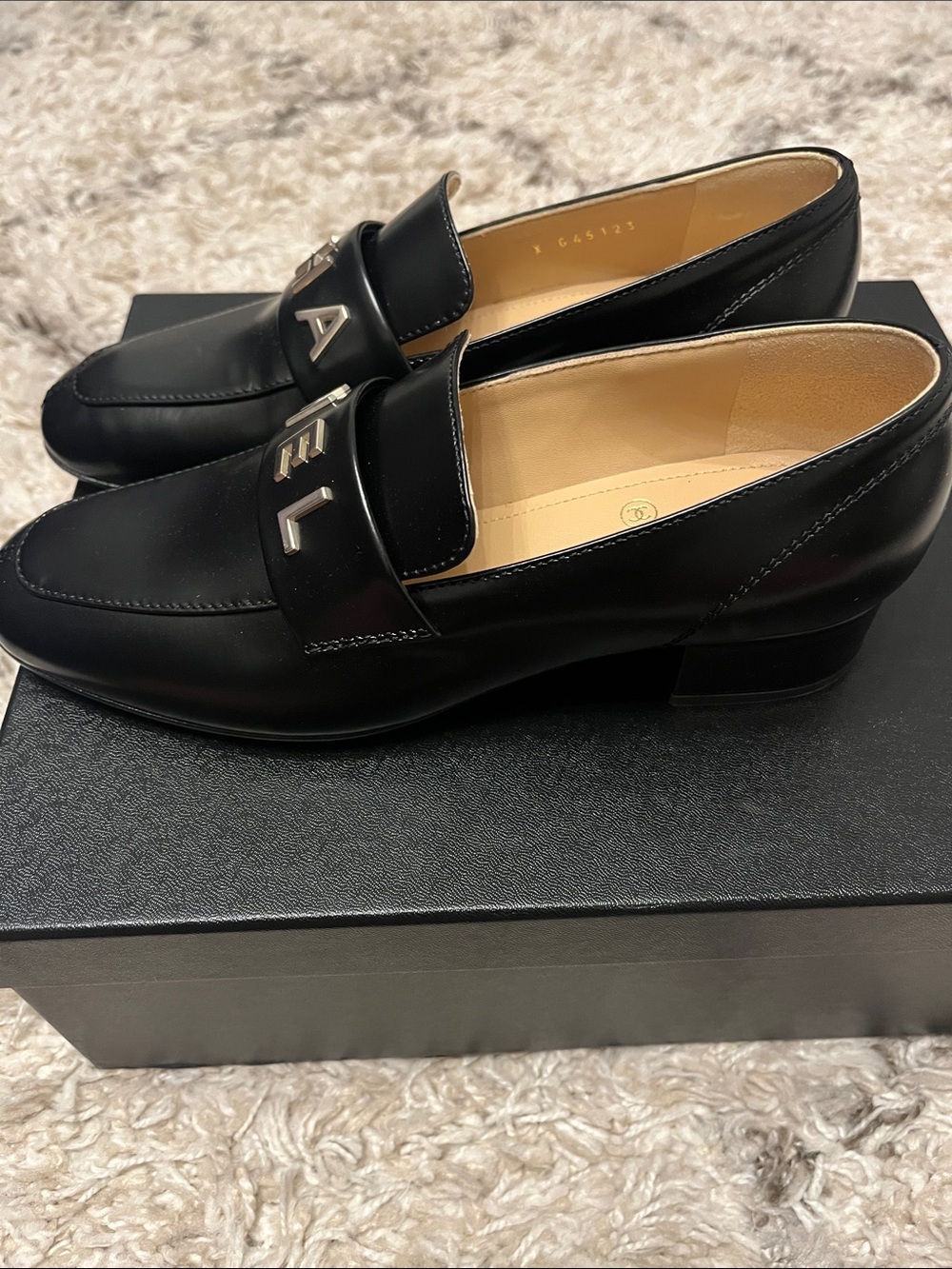 Chanel black loafers. Shiny calfskin and metal. Size 36.5. New in box. - Picture 2 of 7